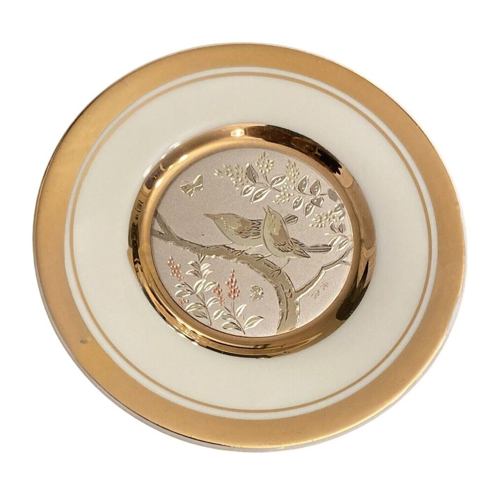 The Art Of Chokin 24kt Gold 4” Decorative Japanese Plate Two Birds & Butterfly
